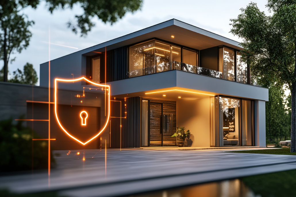 Modern house with a glowing security shield and lock icon, representing a smart home security system